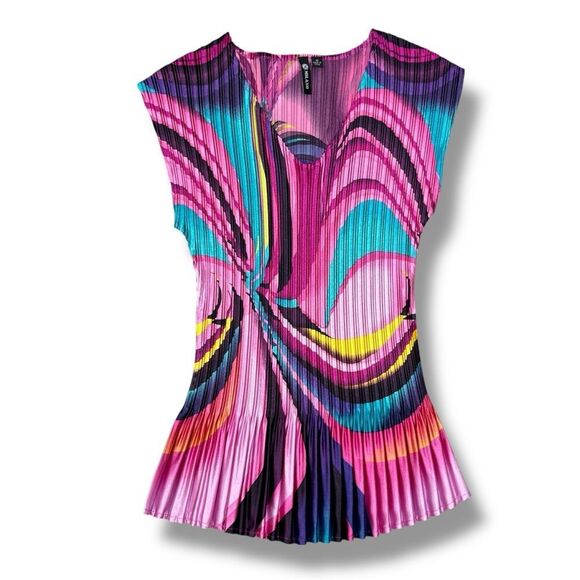 Vintage Y2K Milano Printed Accordion Pleat Stretchy V Neck Blouse Pink Medium‎ - Picture 12 of 12